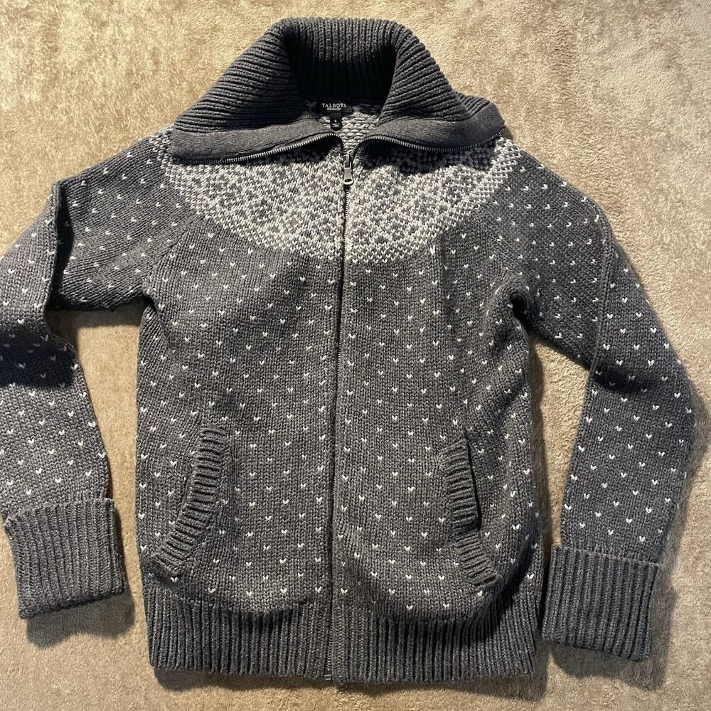 Talbots Jacket Womens Small Wool Blend Knit Gray Full Zip Pockets Hearts Collar